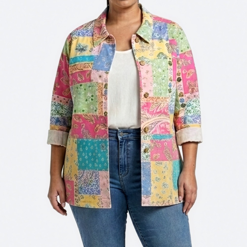 Tog Shop 100% Cotton Patchwork Shacket Pastel Floral Paisley Jacket Plus 1X 0X